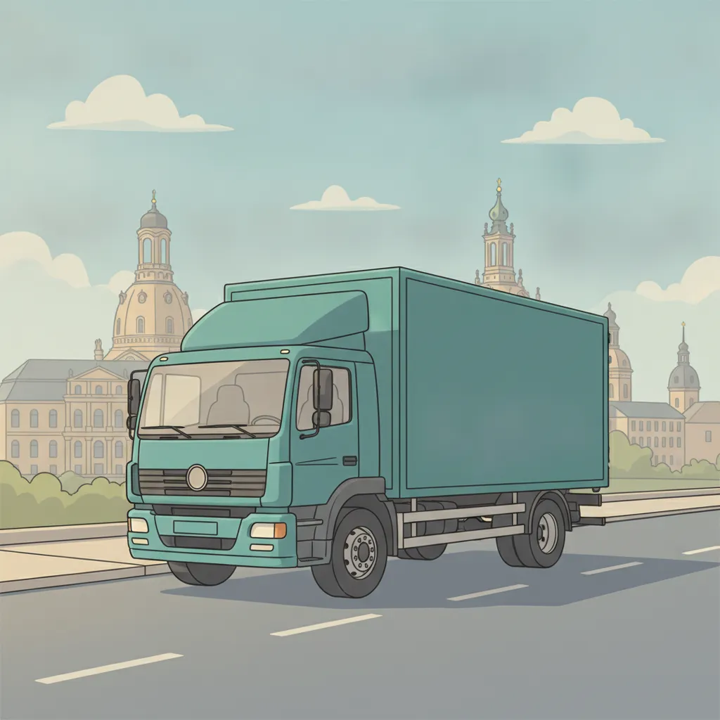 Comic-Illustration: geschlossener Umzugstransporter erreicht Dresden – Beiladung von Berlin nach Dresden