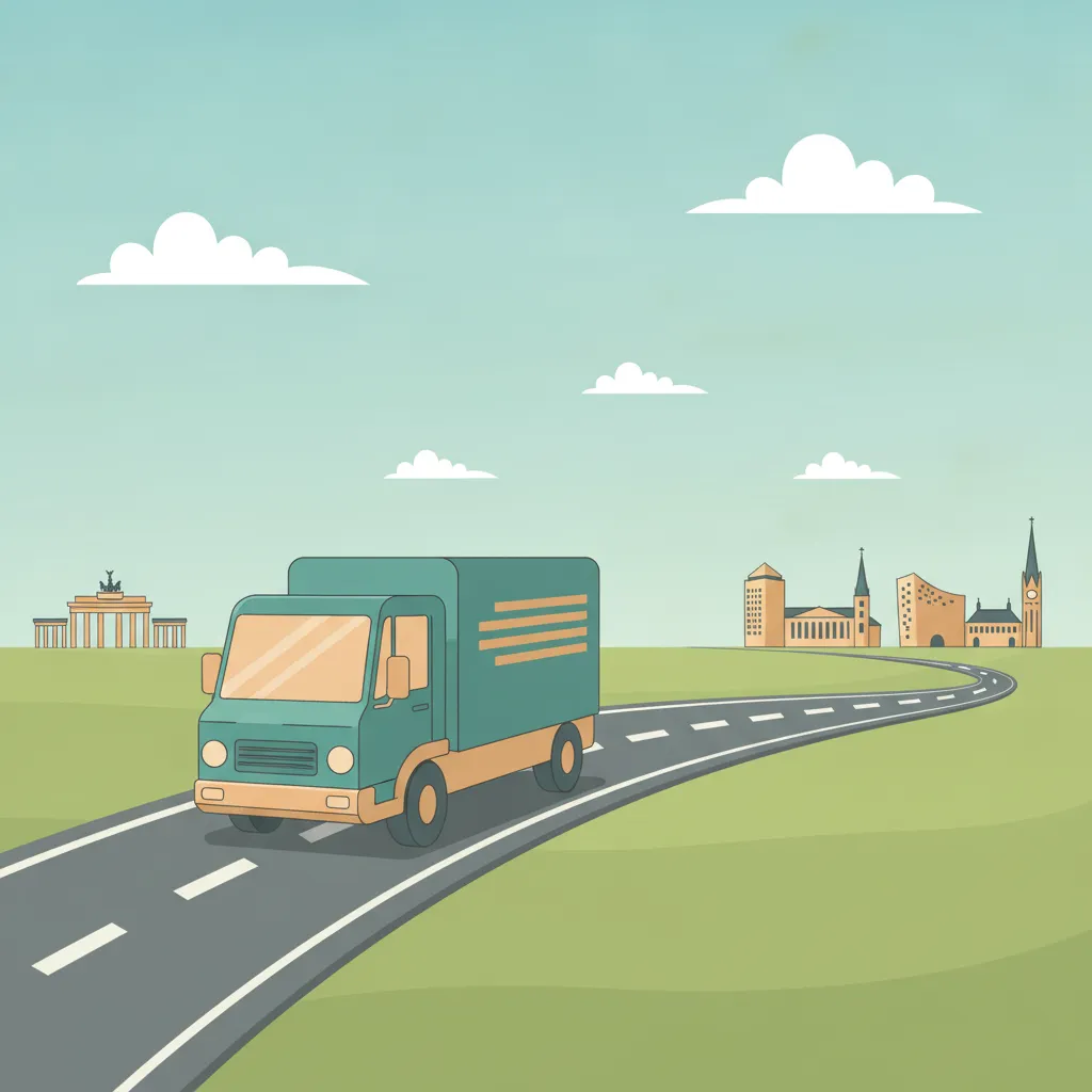Comic-Illustration: Umzugstransporter unterwegs auf der Autobahn von Berlin nach Hamburg